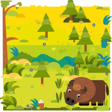 Çocuklar için vahşi bizon bizon resimli çizgi film orman sahnesi