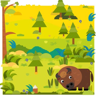 Çocuklar için vahşi bizon bizon resimli çizgi film orman sahnesi