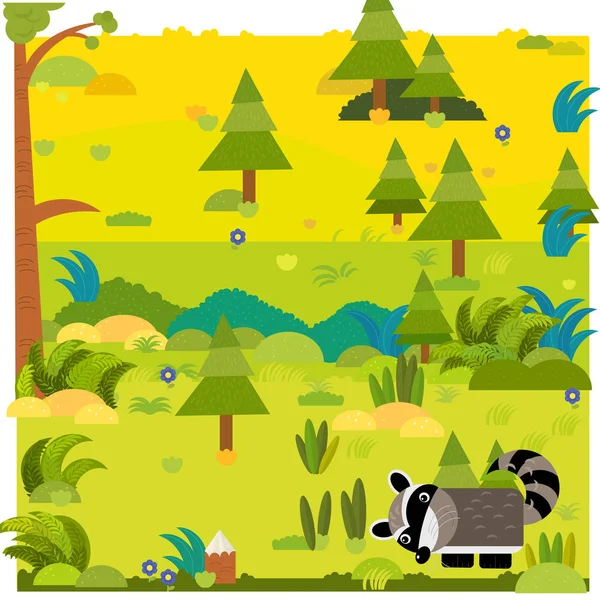 Cartoon forest scene with wild animal raccoon illustration — Stock Photo, Image