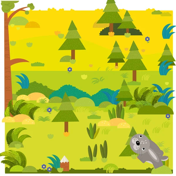 Cartoon bos scène met wild dier konijn haas illustratie — Stockfoto