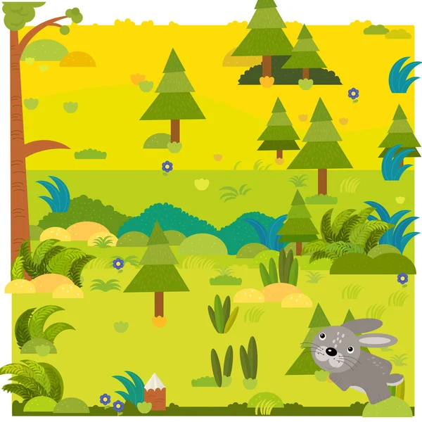 Cartone animato scena foresta con animali selvatici lepre coniglio illustrazione — Foto Stock