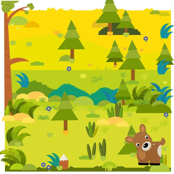 Dessin animé scène de forêt avec animal sauvage chevreuil illustration — Photo