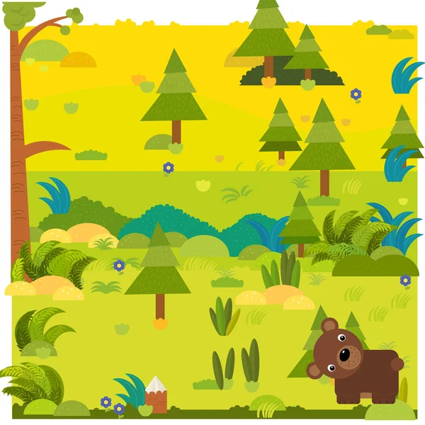 Kreskówkowa scena lasu z dzikim niedźwiedziem ilustracja — Zdjęcie stockowe