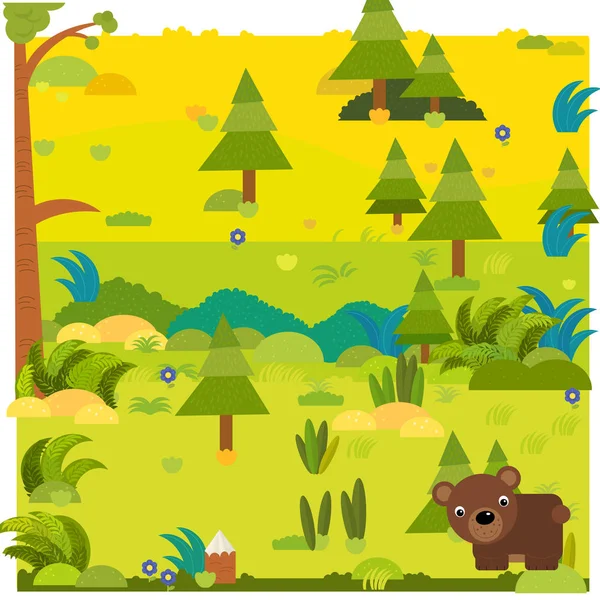 Kreskówkowa scena lasu z dzikim niedźwiedziem ilustracja — Zdjęcie stockowe