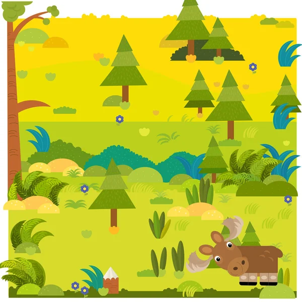 Desenho animado cena da floresta com animal selvagem alce alce ilustração — Fotografia de Stock