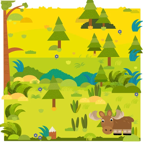 Rajzfilm erdő jelenet vad állat jávorszarvas illusztráció — Stock Fotó