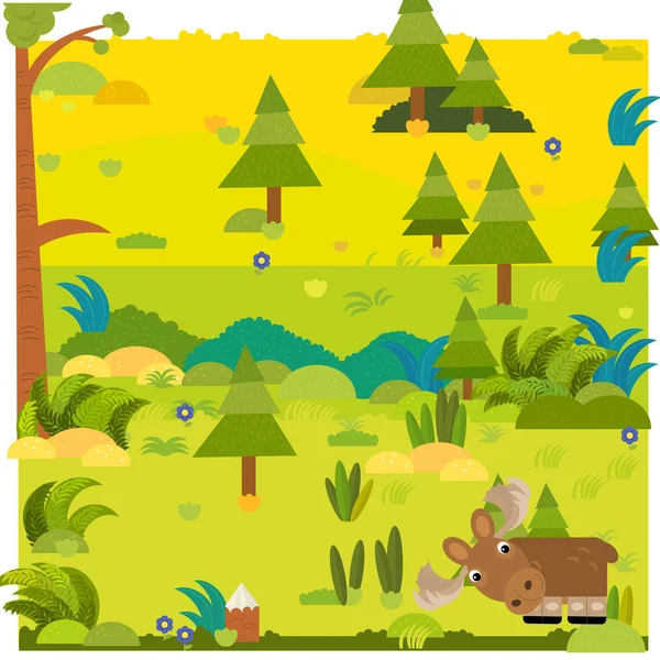 Desenho animado cena da floresta com animal selvagem alce alce ilustração — Fotografia de Stock