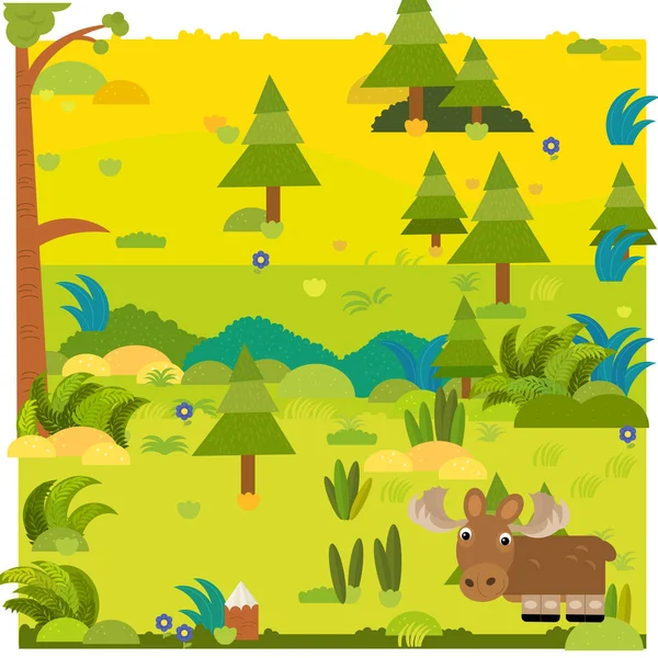 Scena foresta dei cartoni animati con animali selvatici alce alce illustrazione — Foto Stock
