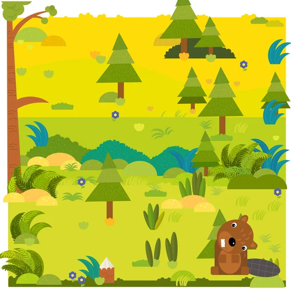 Escena del bosque de dibujos animados con animales salvajes castor ilustración — Foto de Stock