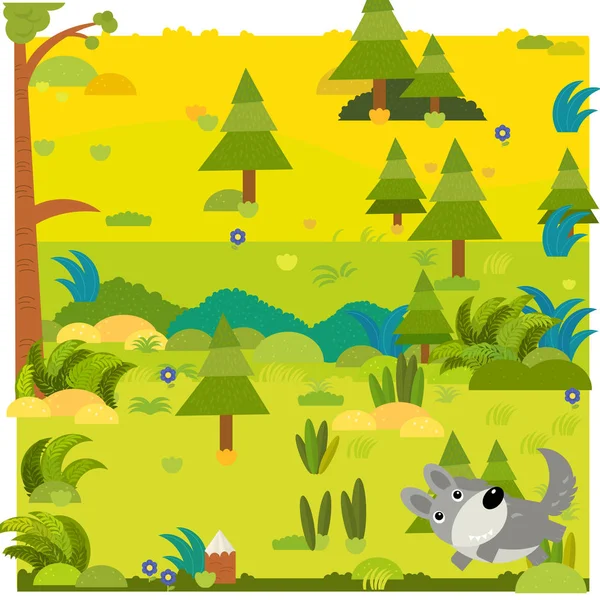 Escena del bosque de dibujos animados con lobo animal salvaje ilustración — Foto de Stock