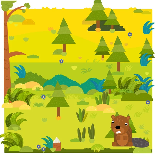 Kreslený les scéna s divokým zvířetem bobr ilustrace — Stock fotografie