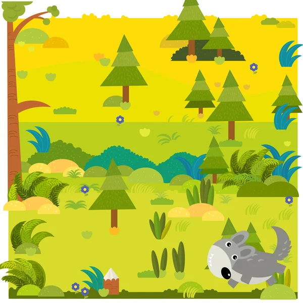 Escena del bosque de dibujos animados con lobo animal salvaje ilustración — Foto de Stock