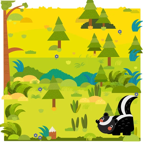 Scena foresta dei cartoni animati con animali selvatici skunk illustrazione per bambini — Foto Stock
