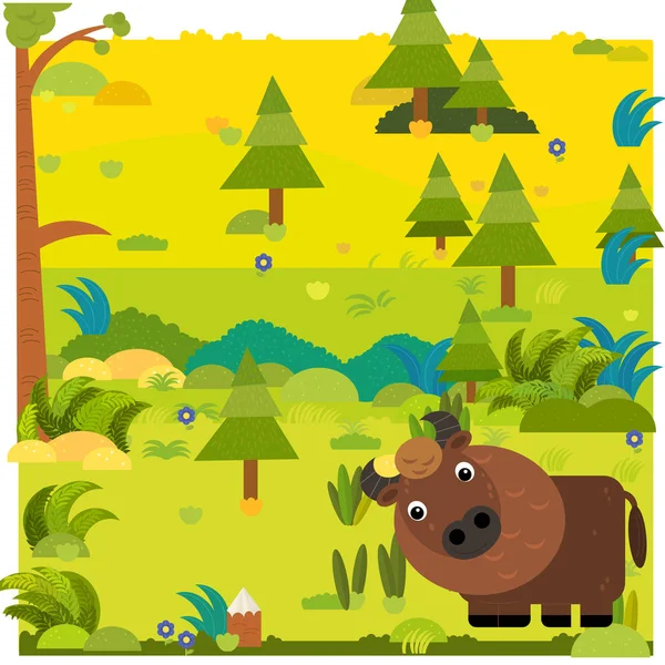 Escena del bosque de dibujos animados con bisonte animal salvaje ilustración de búfalo para niños — Foto de Stock