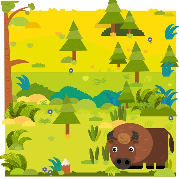 Cartoon forest scene with wild animal bison buffalo illustration for children — Stock Photo, Image