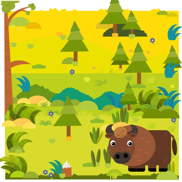 Escena del bosque de dibujos animados con bisonte animal salvaje ilustración de búfalo para niños — Foto de Stock
