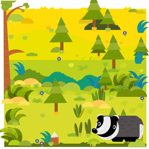 Scena foresta dei cartoni animati con opossum animale selvatico illustrazione per bambini — Foto Stock