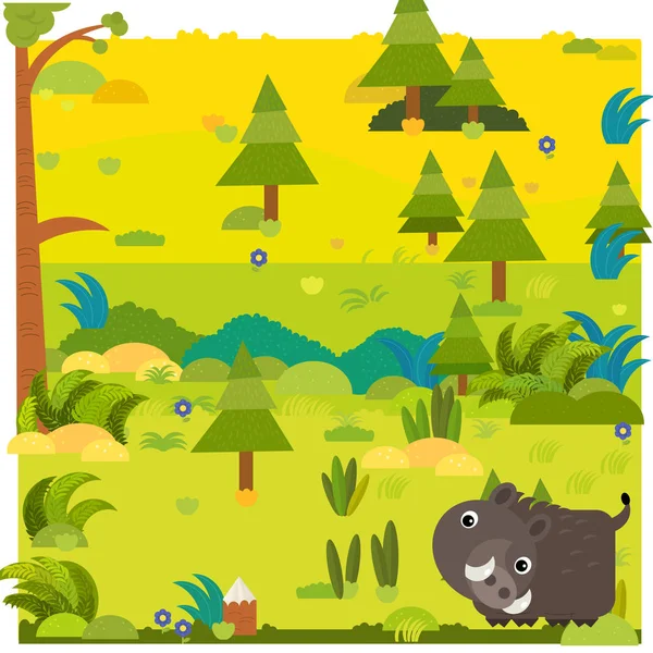 带野猪图解的卡通森林儿童场景 — 图库照片