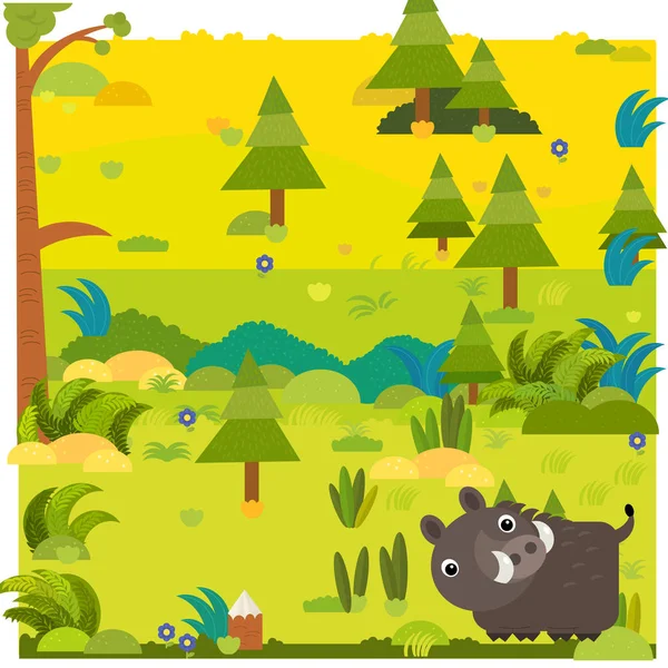 Çocuklar için vahşi hayvan domuz resimli çizgi film ormanı sahnesi