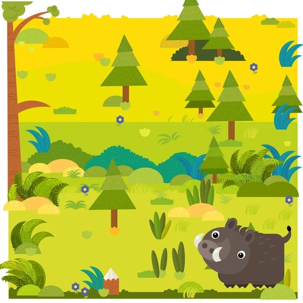 Escena del bosque de dibujos animados con ilustración de jabalí animal salvaje para niños — Foto de Stock