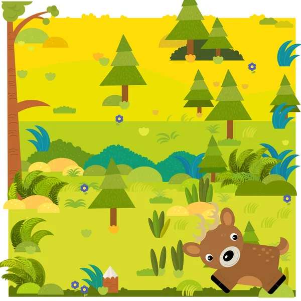 Kreslená lesní scéna s divokou zvířecí srnčí ilustrací pro děti — Stock fotografie