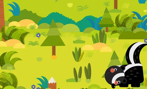 Cartoon forest scene with wild animal skunk illustration for chi — 스톡 사진