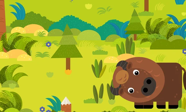 Scena foresta dei cartoni animati con animali selvatici bisonte bufalo illustrazione — Foto Stock