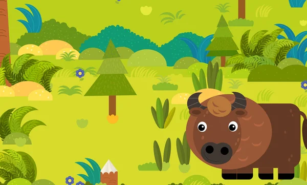 Cartoon forest scene with wild animal bison buffalo illustration — Stock Photo, Image