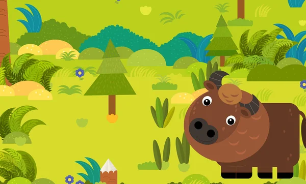Desenho animado cena florestal com animal selvagem bisão búfalo ilustração — Fotografia de Stock