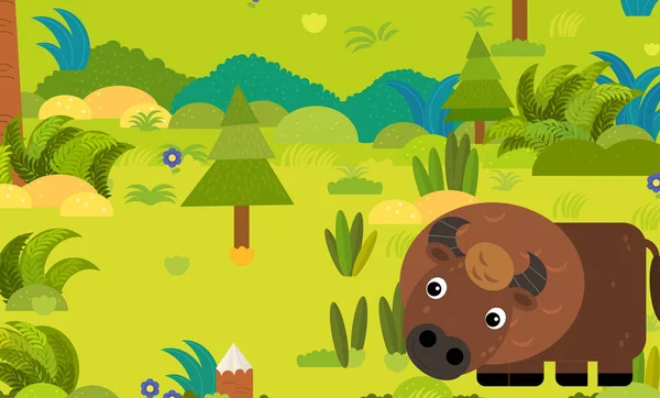 Scena foresta dei cartoni animati con animali selvatici bisonte bufalo illustrazione — Foto Stock