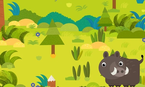 Escena del bosque de dibujos animados con animal salvaje jabalí ilustración para chil — Foto de Stock