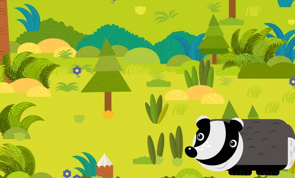 Escena del bosque de dibujos animados con animales salvajes zarigüeya ilustración para c —  Fotos de Stock