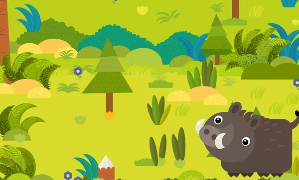 Cartoon forest scene with wild animal boar illustration for chil — 图库照片