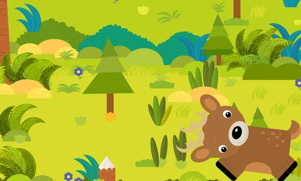 Escena del bosque de dibujos animados con ilustración de animales salvajes para niños —  Fotos de Stock