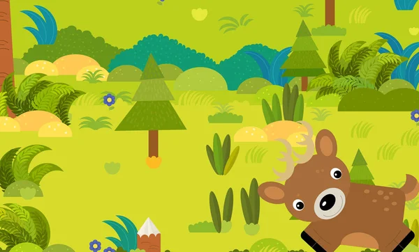 Chil için vahşi hayvan geyiği resimli çizgi film ormanı sahnesi — Stok fotoğraf