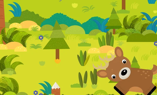 cartoon forest scene with wild animal deer illustration for chil