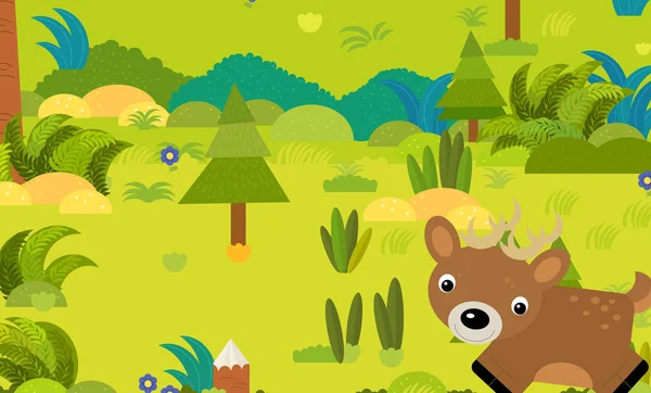 Çocuklar için vahşi hayvan resimli çizgi film ormanı sahnesi — Stok fotoğraf