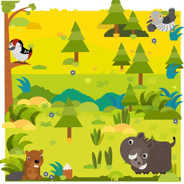 Floresta de desenhos animados com javalis e outros animais — Fotografia de Stock