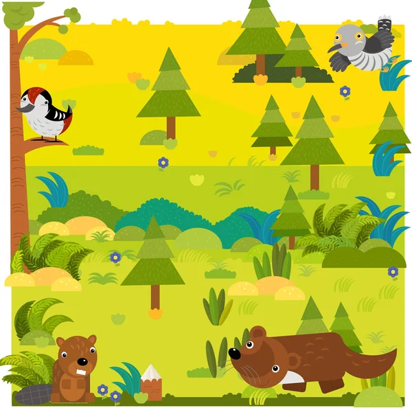 Cartoon forest with wild animal marten and other animals — Stock Photo, Image