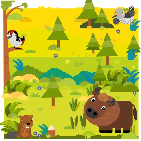 Vahşi bizon bizonları ve diğer hayvan örnekleriyle dolu çizgi film ormanı — Stok fotoğraf
