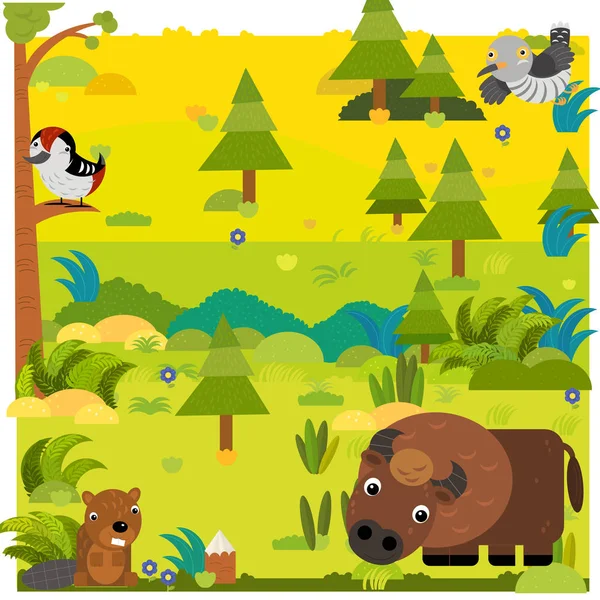 Vahşi bizon bizonları ve diğer hayvan örnekleriyle dolu çizgi film ormanı — Stok fotoğraf