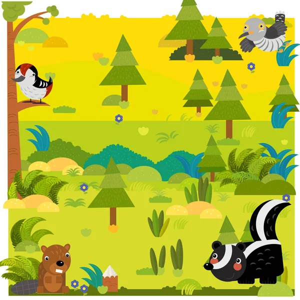野生動物のスカンクや他の動物との漫画の森 — ストック写真