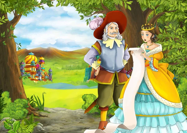 Rajzfilm természet jelenet gyönyörű kastély herceg és princ — Stock Fotó