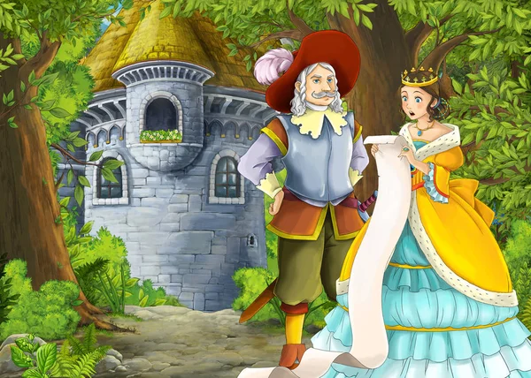 Cartoon nature scene with beautiful castle with prince and princ — 스톡 사진