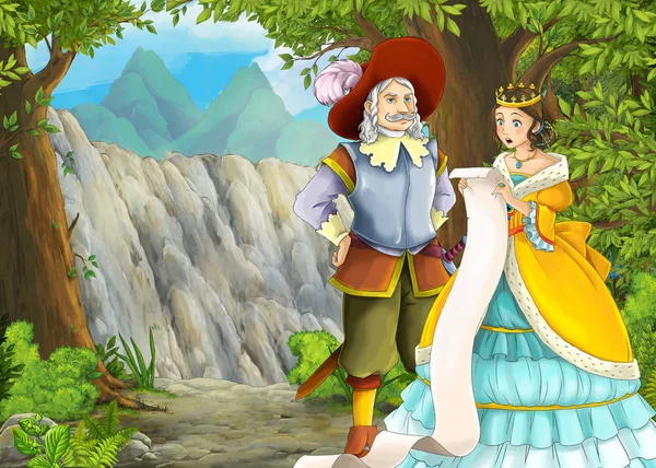 Scena dei cartoni animati con montagne valle vicino alla foresta con principe — Foto Stock