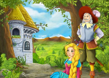 Prince ve Princ ile güzel kaleli karikatür doğa sahnesi