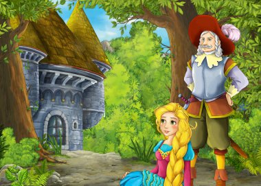 Prince ve Princ ile güzel kaleli karikatür doğa sahnesi