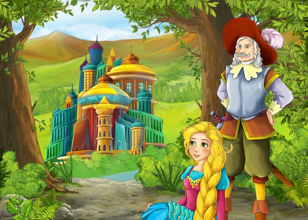 Tegneserie natur scene med smukke slot med prins og prins - Stock-foto