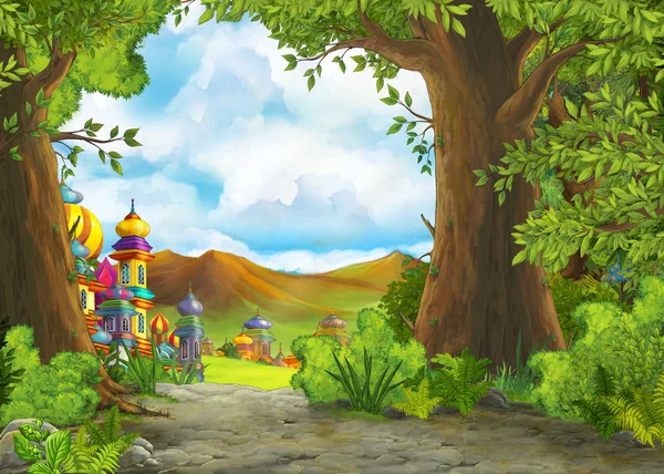 Cartoon nature scene with beautiful castle with prince and princess — 스톡 사진