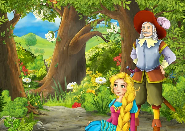Cartone animato scena estiva con prato nella foresta con principe e p — Foto Stock